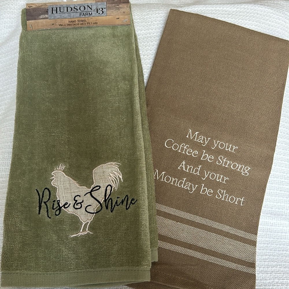 Set Two Fall Farmhouse Hand Towels Coffee Rooster